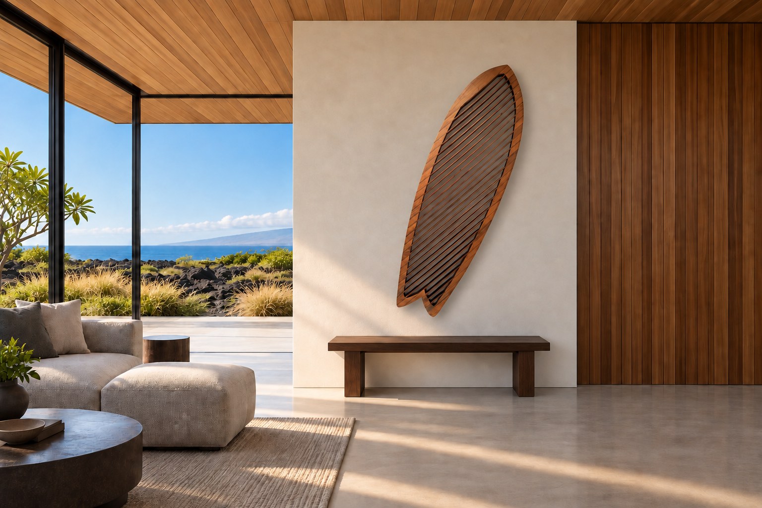 Alaia on a plaster wall above a wooden bench in a Hawaiian living room open to the ocean.